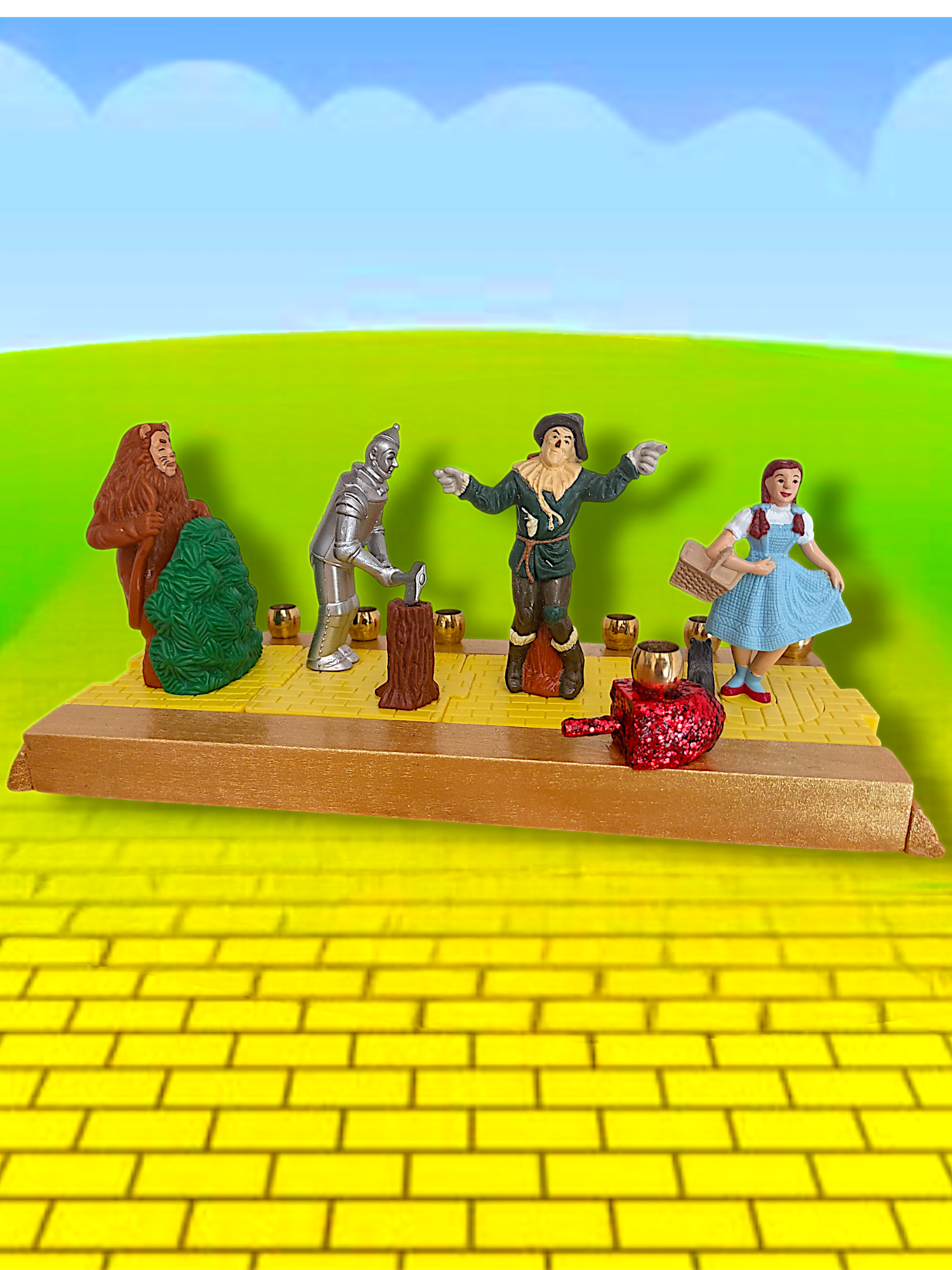 Wizard of Oz menorah — spinning repurposed Oz figures with ruby dreidel and brass cups | Judaica Square Lakewood (view 4)