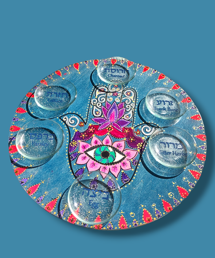 Hamsa seder plate — hand-painted colorful hardwood plate with etched glass bowls | Judaica Square Lakewood