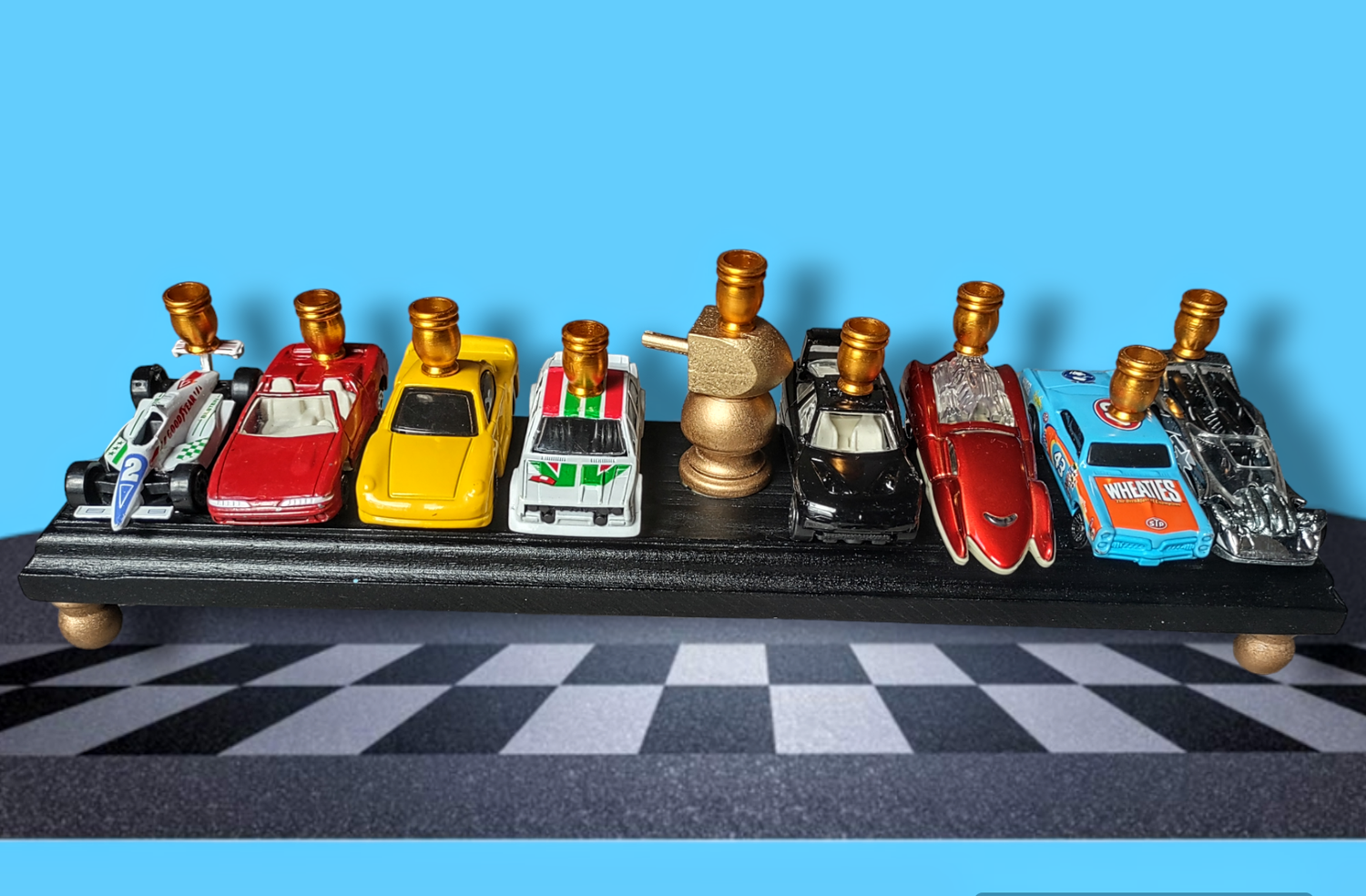 Hot Wheels menorah — die-cast toy cars on wood plaque with gold dreidel trophy | Judaica Square Lakewood (view 5)