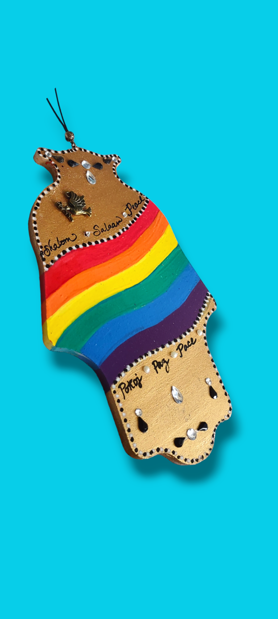 Hanging wooden hamsa — Peace in six languages with pewter dove | Judaica Square Lakewood (view 3)