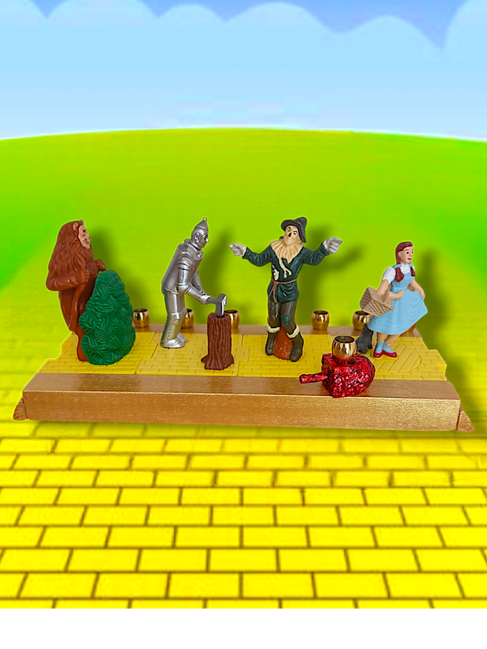 Wizard of Oz menorah — spinning repurposed Oz figures with ruby dreidel and brass cups | Judaica Square Lakewood
