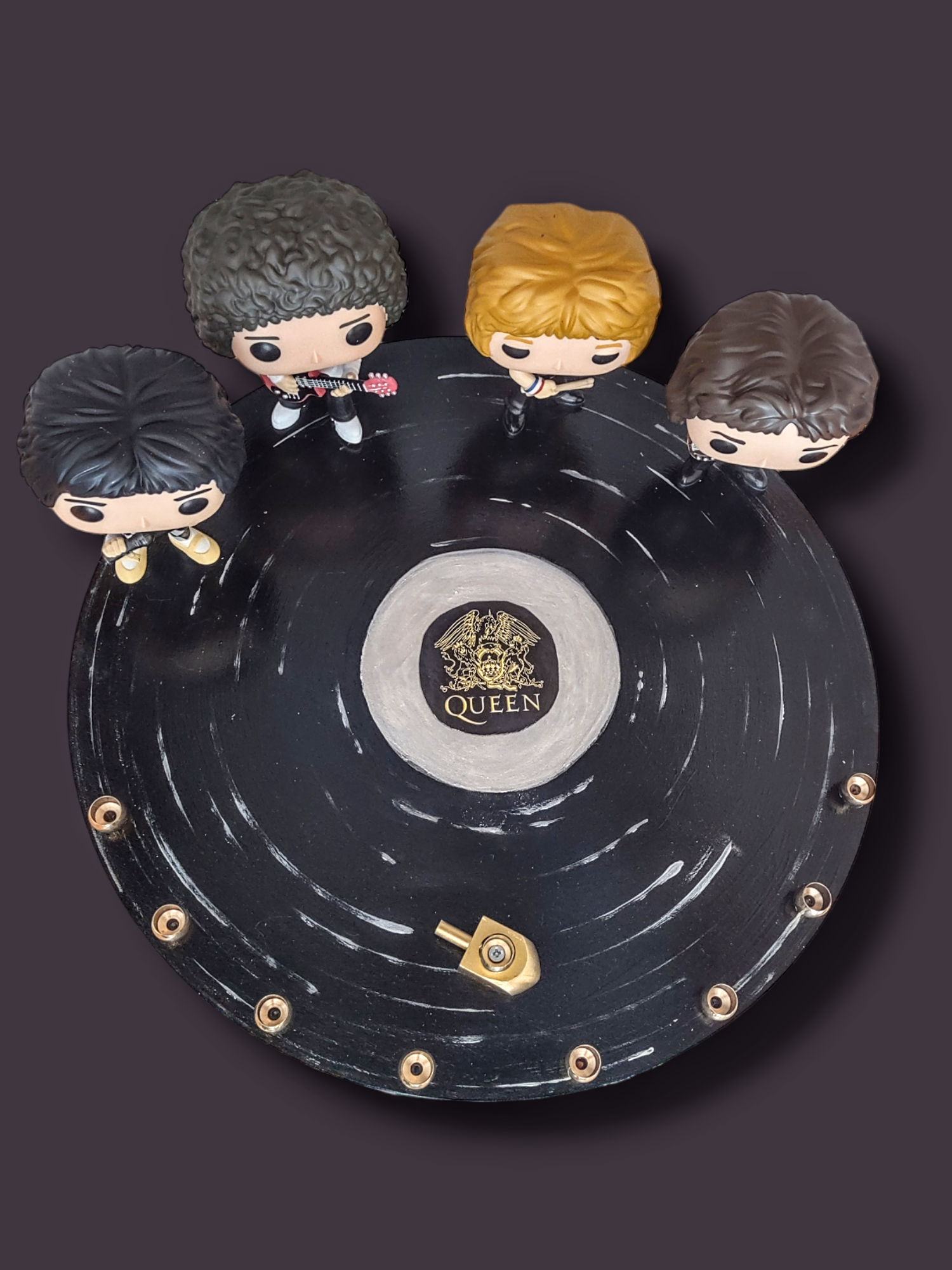 Queen Menorah — Freddie Mercury figures on a record-shaped painted wood tray | Judaica Square Lakewood (view 3)