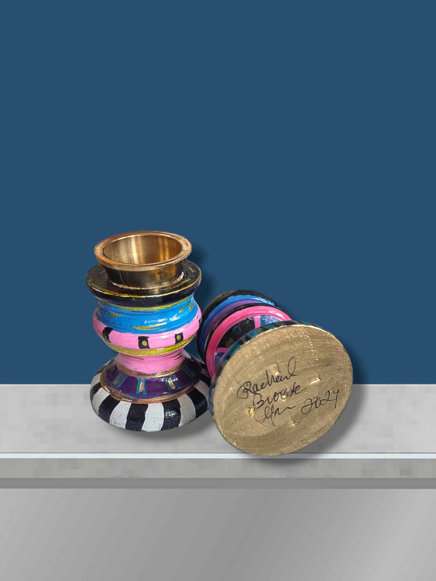 Funky mismatched Shabbat candlesticks — two small hand-painted wooden holders in bright acrylic | Judaica Square Lak (view 3)