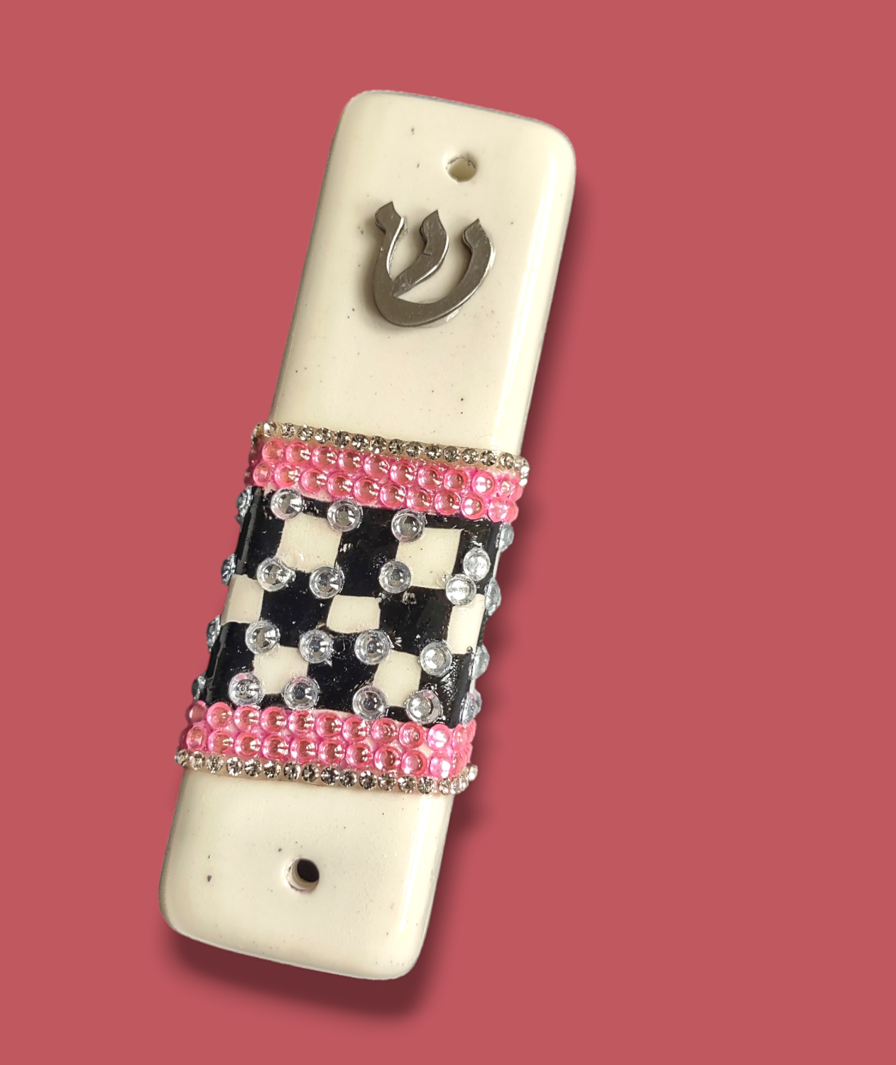 Checkerboard ceramic mezuzah case for an indoor doorpost | Judaica Square Lakewood (view 2)