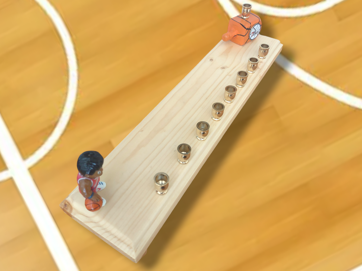 Philadelphia 76ers menorah — repurposed basketball figure on a long wood plaque | Judaica Square Lakewood (view 3)