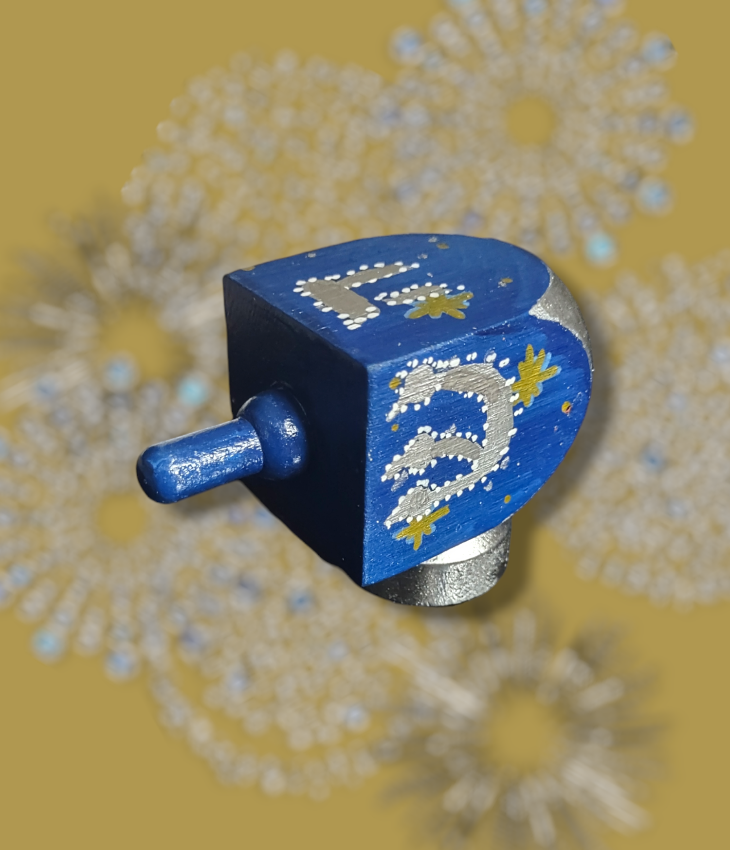 Blue, Gold and Silver Dreidel — hand-painted wood dreidel on stand | Judaica Square Lakewood (view 2)
