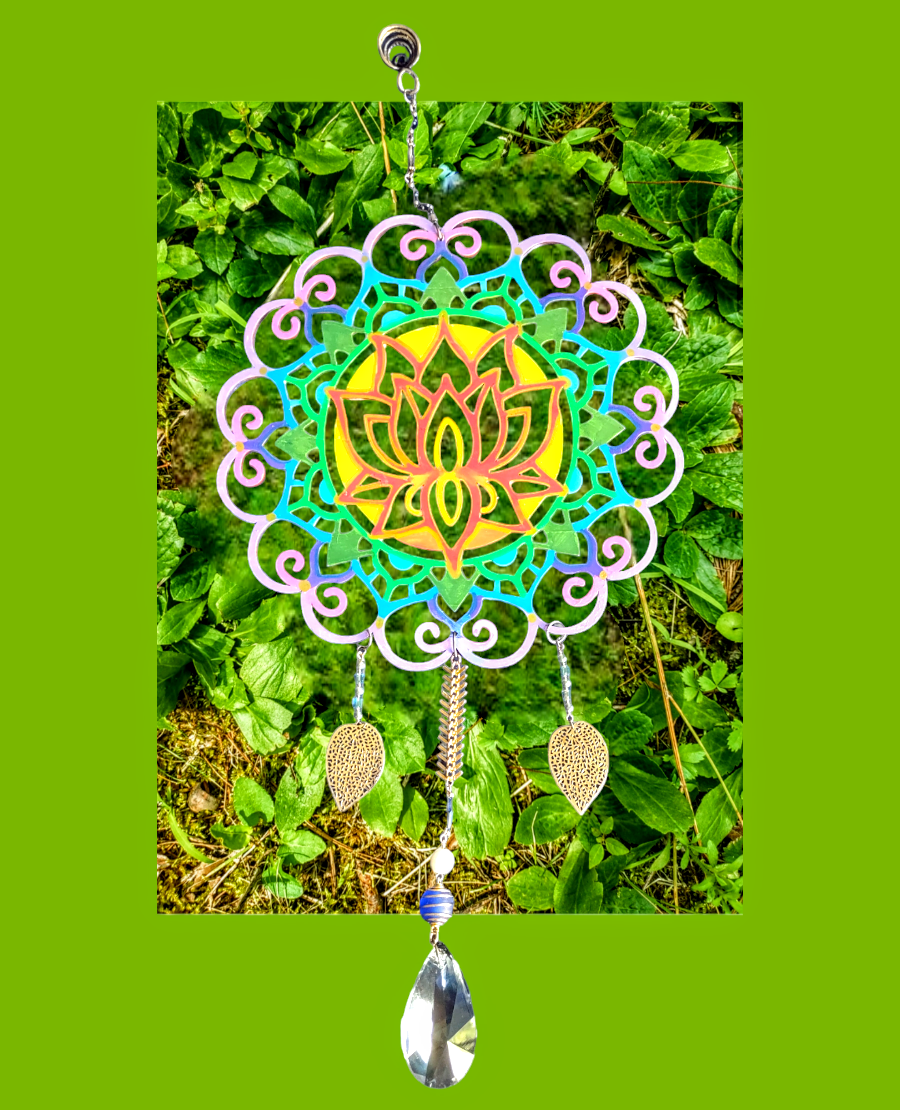 Lotus mandala — two-sided spinning hanging with vintage beads | Judaica Square Lakewood (view 6)