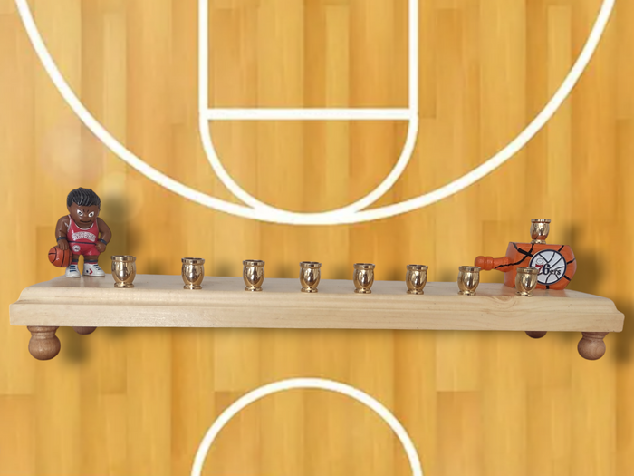 Philadelphia 76ers menorah — repurposed basketball figure on a long wood plaque | Judaica Square Lakewood