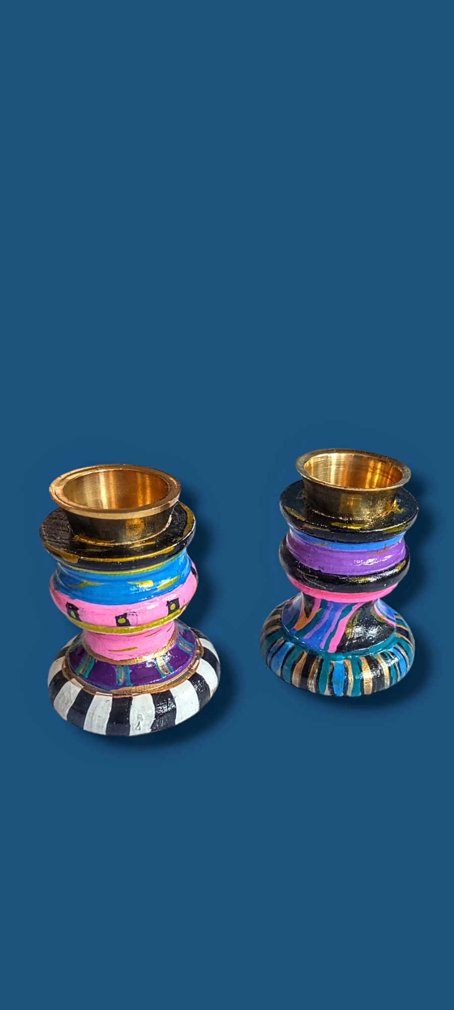 Funky mismatched Shabbat candlesticks — two small hand-painted wooden holders in bright acrylic | Judaica Square Lak (view 2)