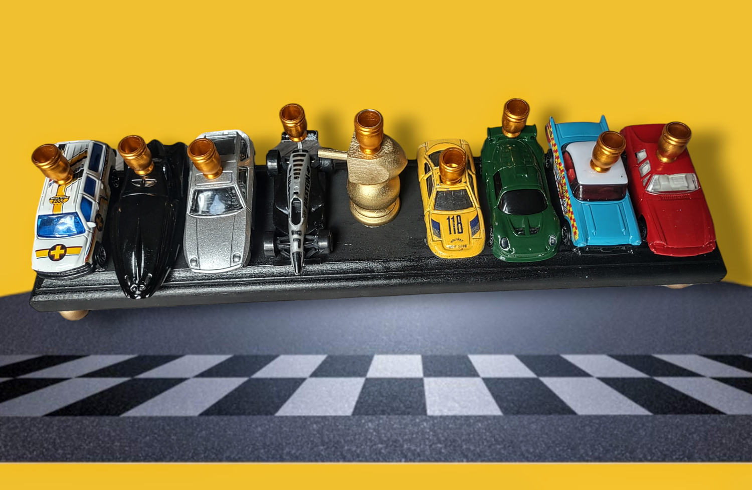 Hot Wheels menorah — die-cast toy cars on wood plaque with gold dreidel trophy | Judaica Square Lakewood (view 8)