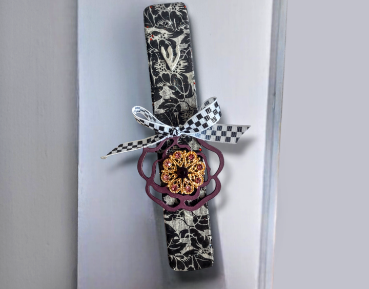 Checkerboard mezuzah case, black and white decoupage wood with costume jewels and ribbon