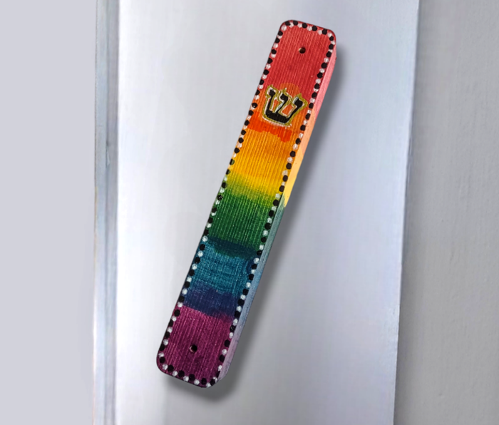Rainbow stained wood mezuzah case — hand-painted color bands | Judaica Square Lakewood