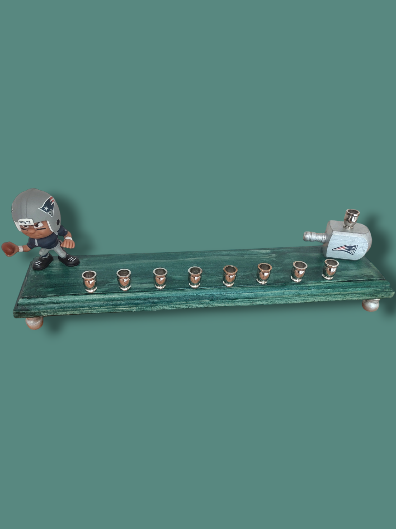 Patriots football menorah — collector figure and wood dreidel on a 13-inch painted base | Judaica Square Lakewood (view 3)