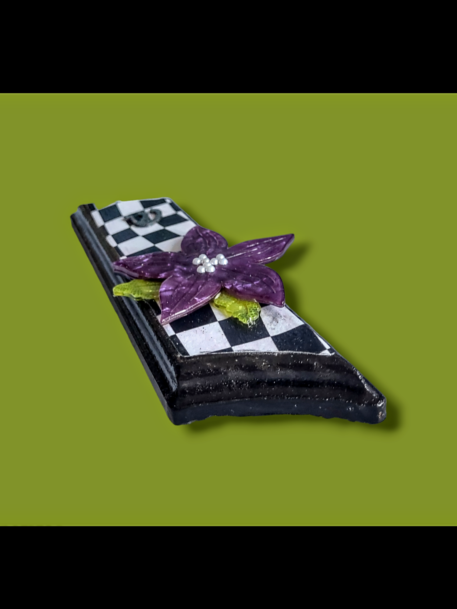 Purple flower decoupage mezuzah — black and white paper on wood | Judaica Square Lakewood (view 4)