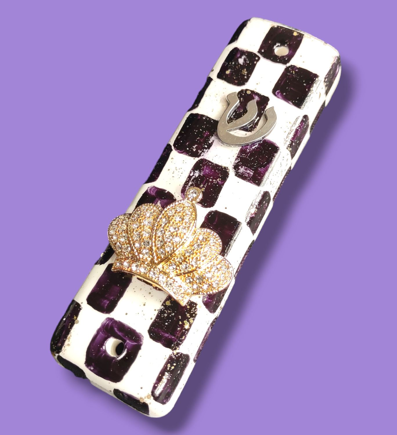 Checkerboard ceramic mezuzah case — checked glaze with flower or jeweled crown topper | Judaica Square Lakewood (view 3)
