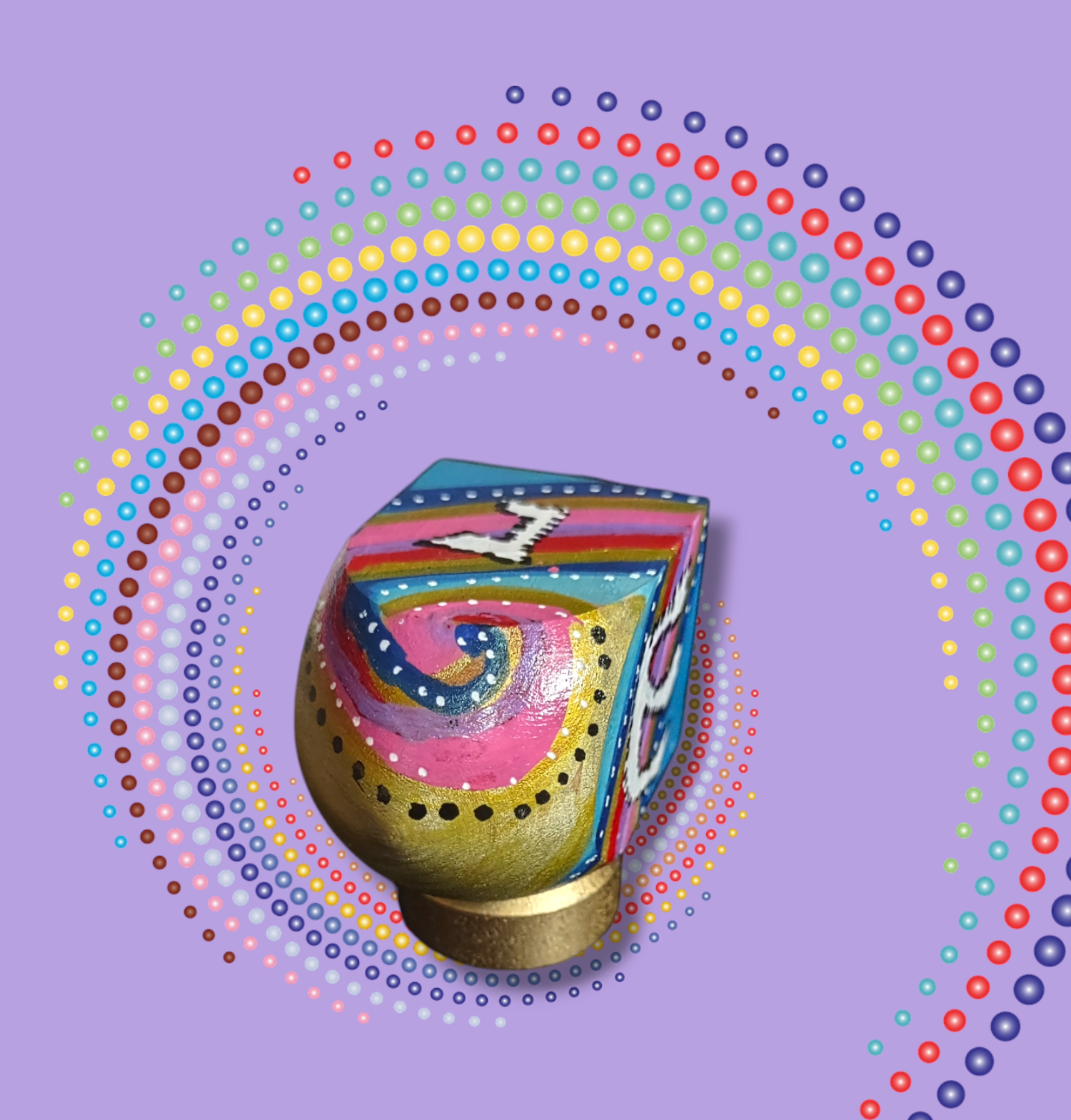 Brightly colored dreidel — wooden dreidel painted in bold colors with its wooden stand | Judaica Square Lakewood (view 4)