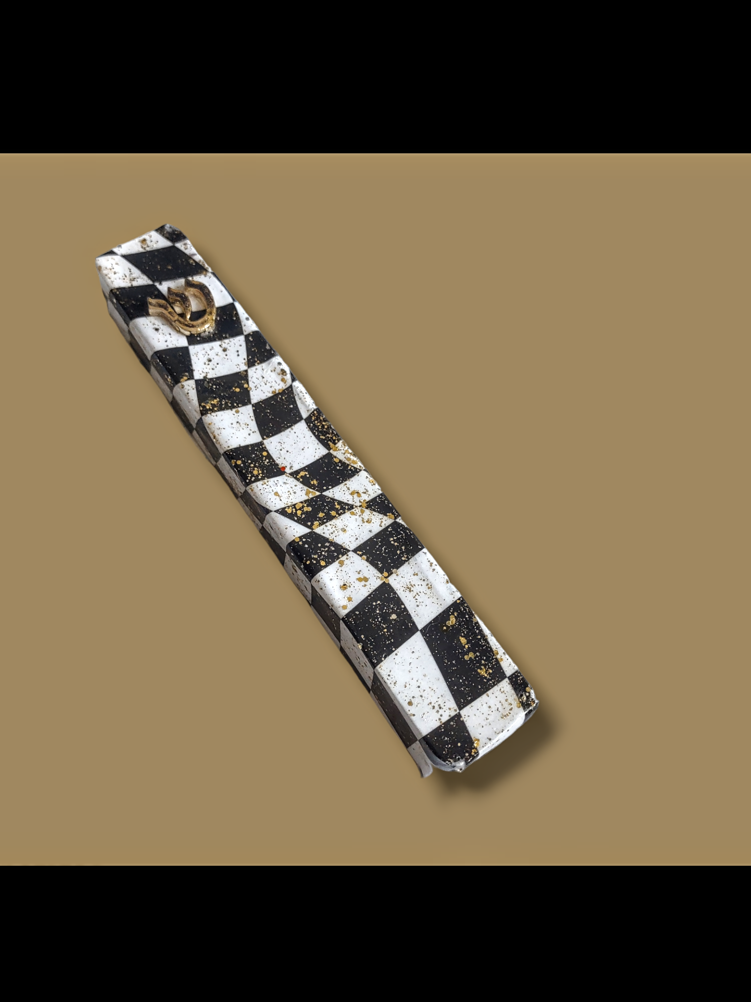 Black and white decoupage mezuzah — glitter finished wood case | Judaica Square Lakewood (view 2)