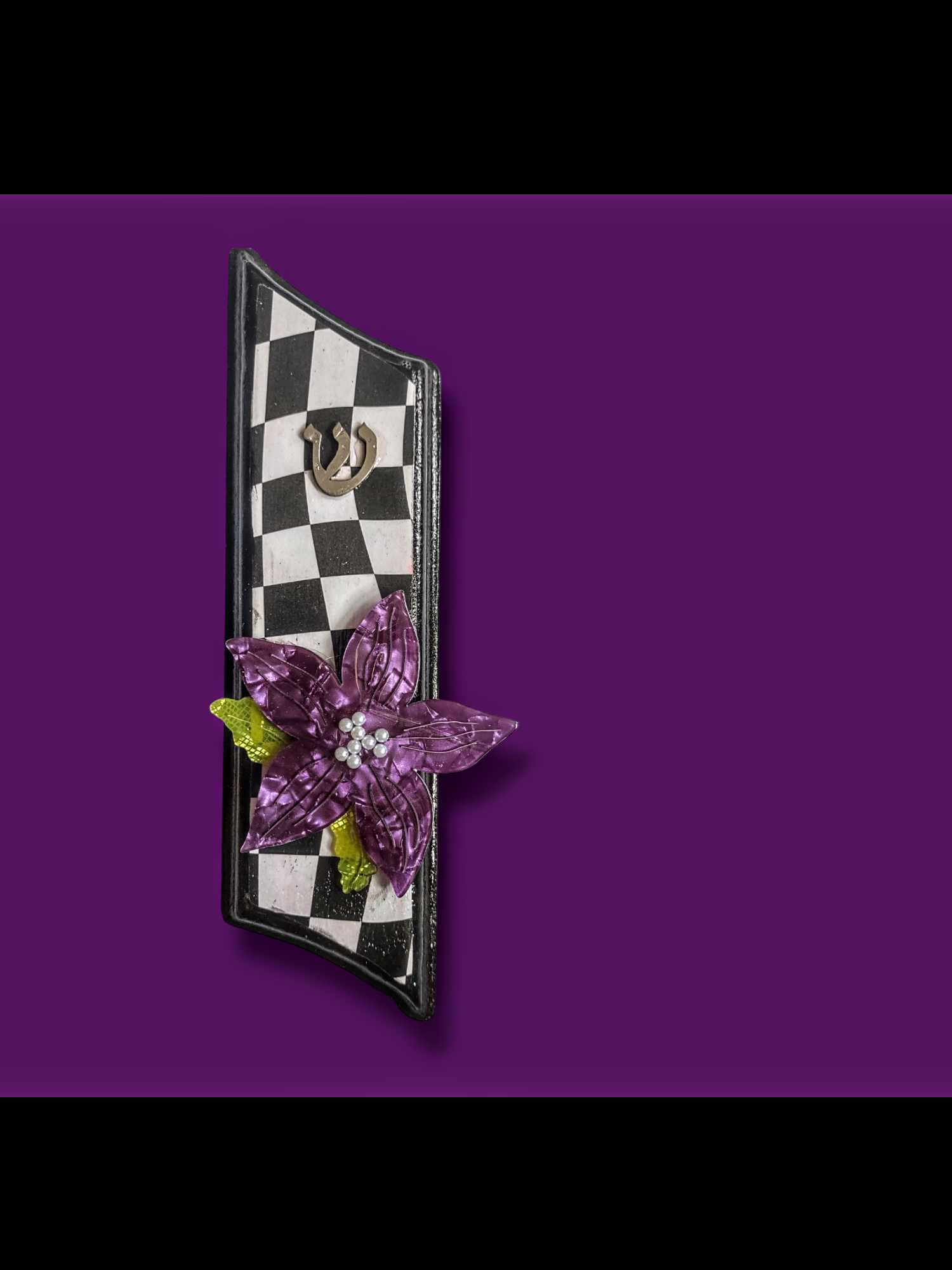 Purple flower decoupage mezuzah — black and white paper on wood | Judaica Square Lakewood (view 2)