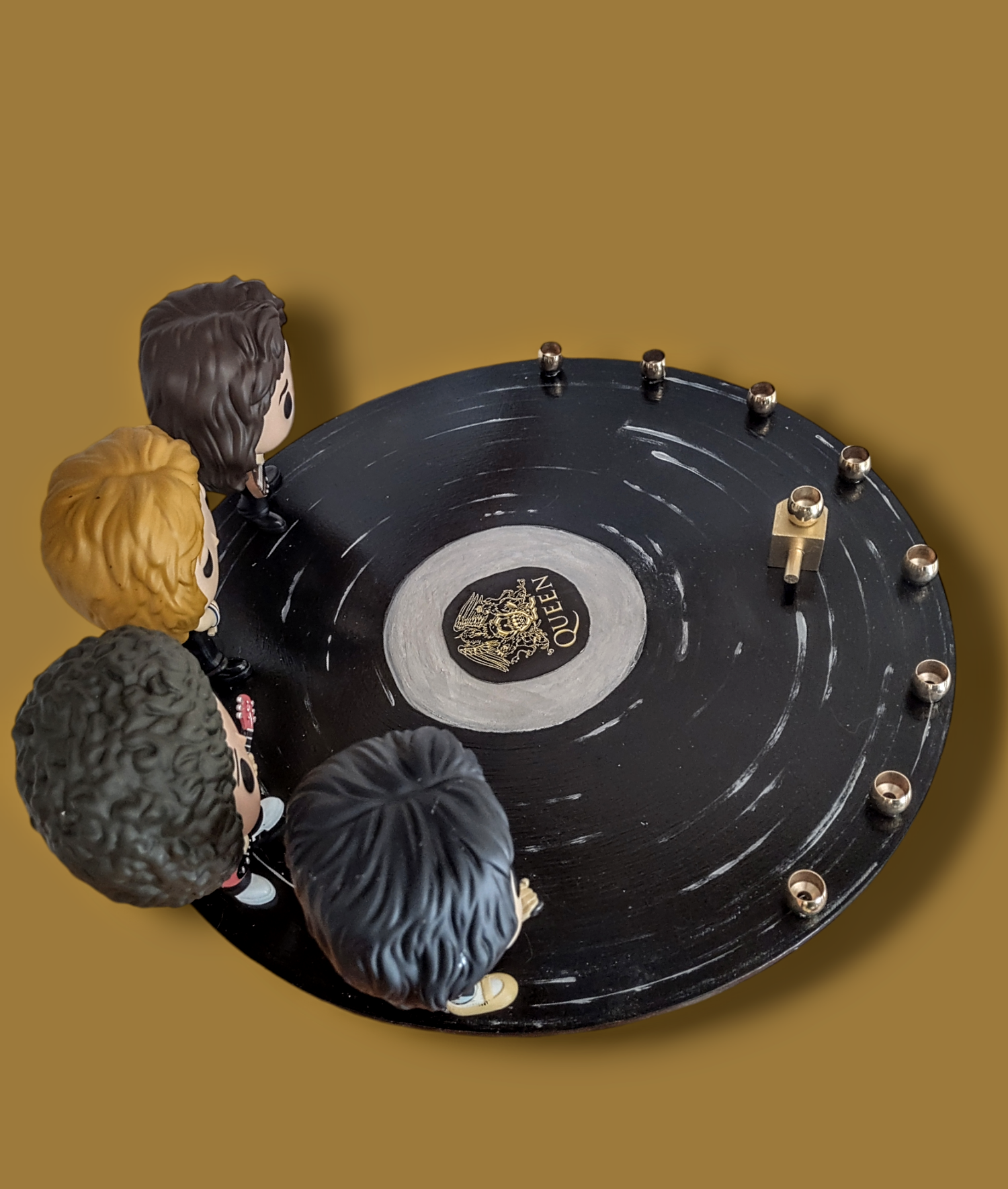 Queen Menorah — Freddie Mercury figures on a record-shaped painted wood tray | Judaica Square Lakewood (view 5)