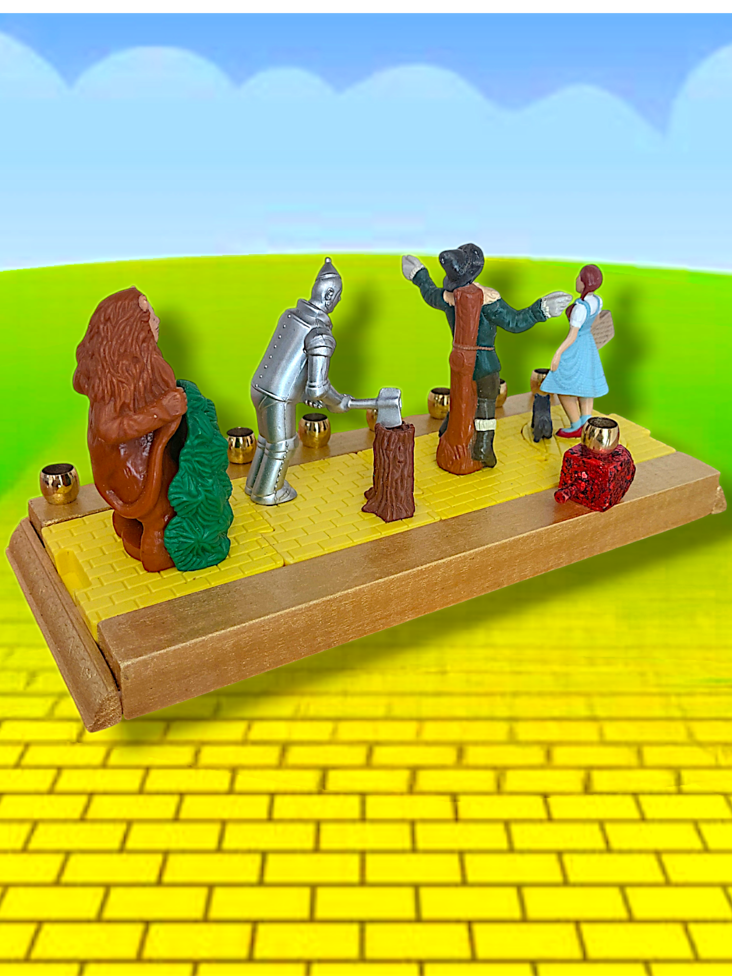 Wizard of Oz menorah — spinning repurposed Oz figures with ruby dreidel and brass cups | Judaica Square Lakewood (view 6)