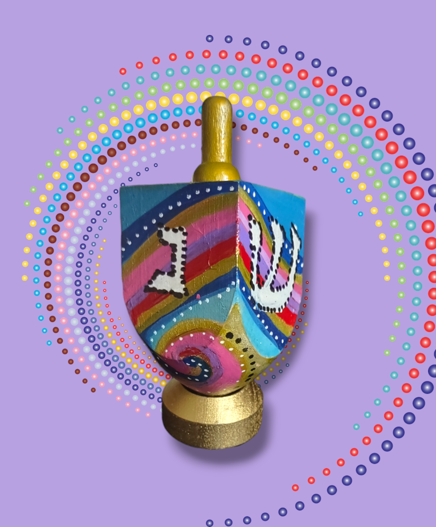 Brightly colored dreidel — wooden dreidel painted in bold colors with its wooden stand | Judaica Square Lakewood (view 3)