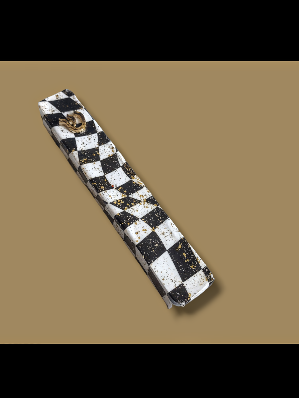 Black and white decoupage mezuzah — glitter finished wood case | Judaica Square Lakewood (view 2)