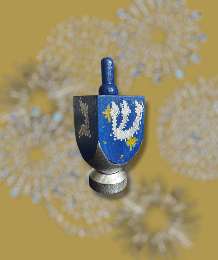 Blue, Gold and Silver Dreidel — hand-painted wood dreidel on stand | Judaica Square Lakewood