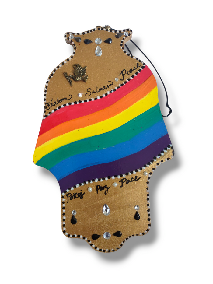 Hanging wooden hamsa — Peace in six languages with pewter dove | Judaica Square Lakewood