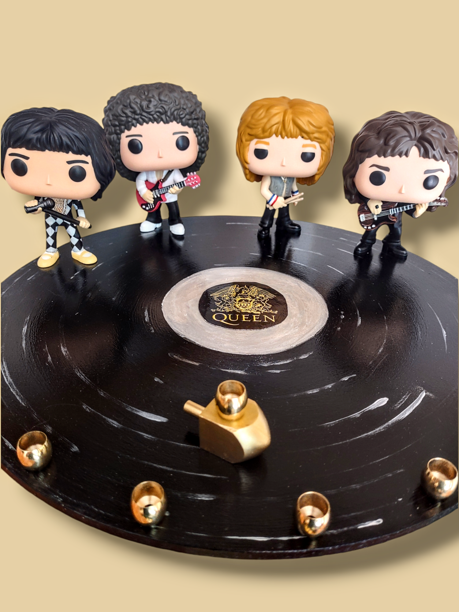Queen Menorah — Freddie Mercury figures on a record-shaped painted wood tray | Judaica Square Lakewood (view 2)
