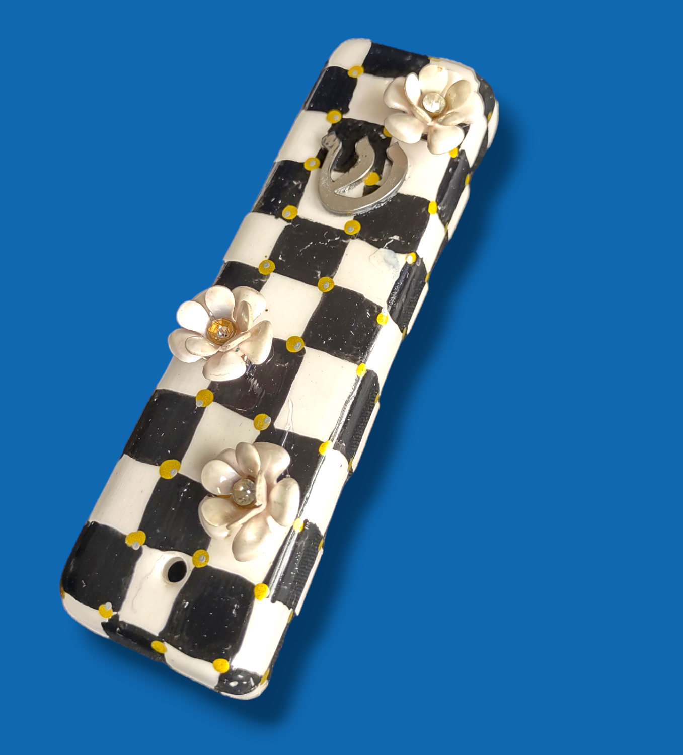 Checkerboard mezuzah case with accents — vintage flower, pansy and gold crown options | Judaica Square Lakewood (view 17)