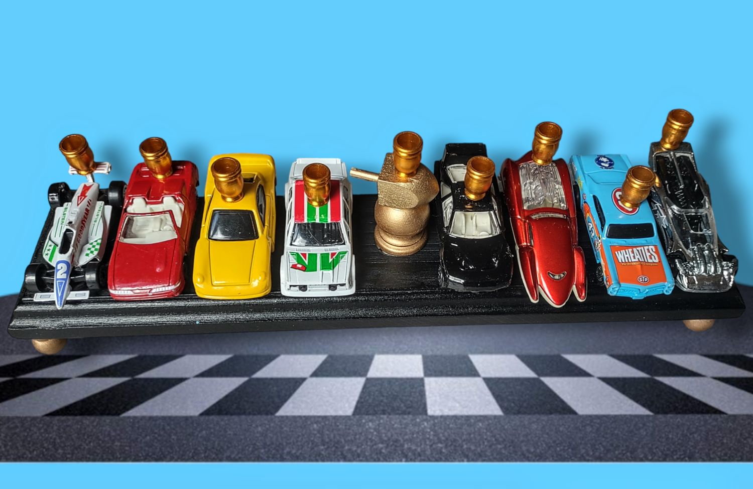 Hot Wheels menorah — die-cast toy cars on wood plaque with gold dreidel trophy | Judaica Square Lakewood (view 6)
