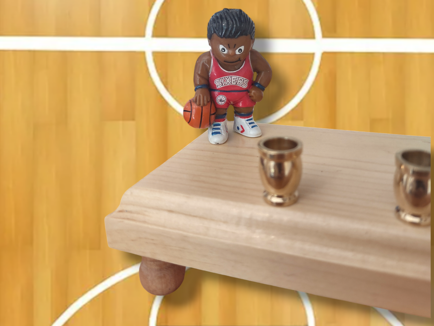 Philadelphia 76ers menorah — repurposed basketball figure on a long wood plaque | Judaica Square Lakewood (view 5)