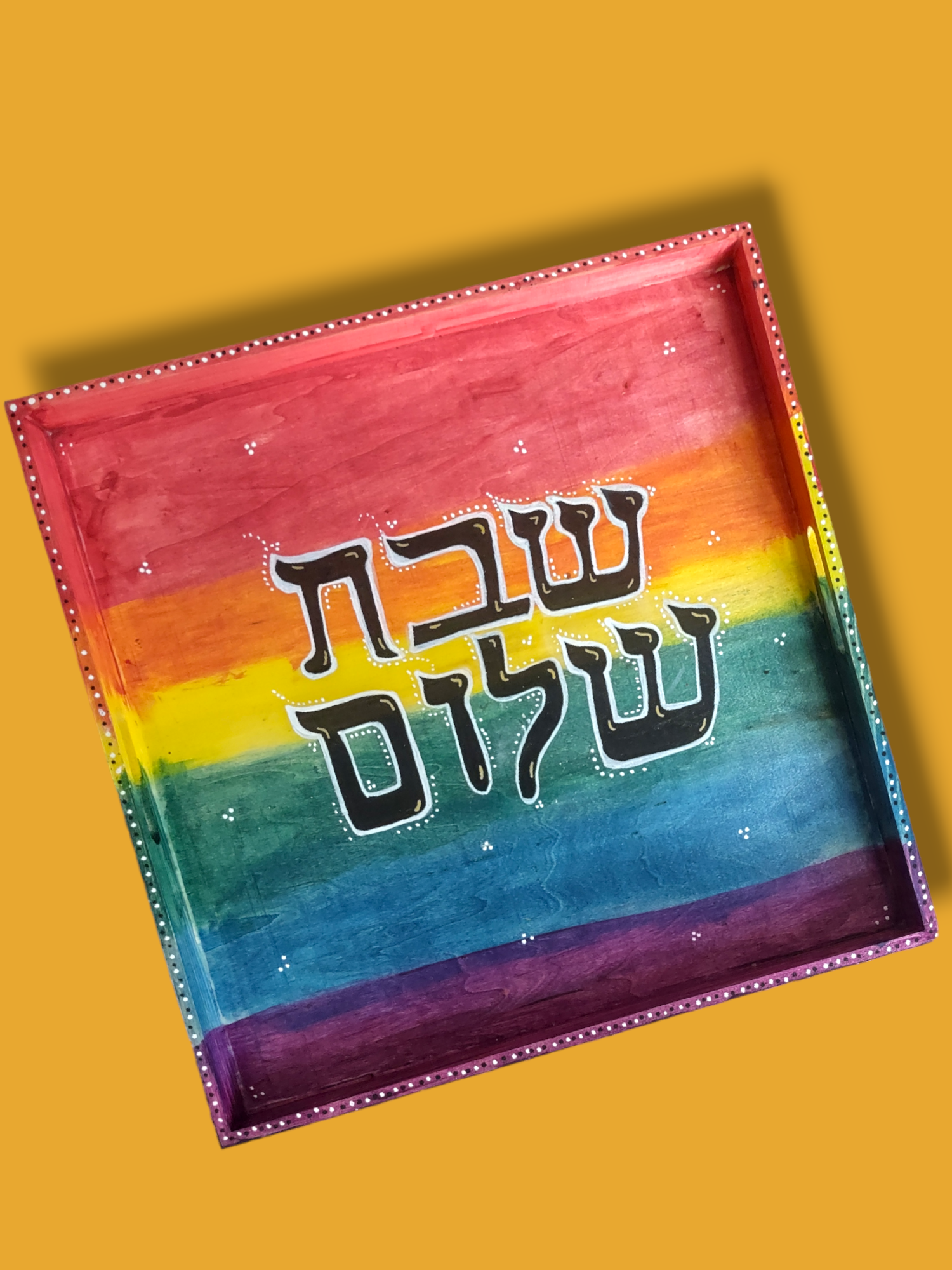Rainbow Stained Wood Dreidel — rainbow wood stain dreidel on gold stand | Judaica Square Lakewood (view 6)