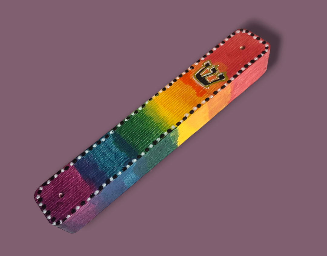 Rainbow stained wood mezuzah case — hand-painted color bands | Judaica Square Lakewood (view 3)