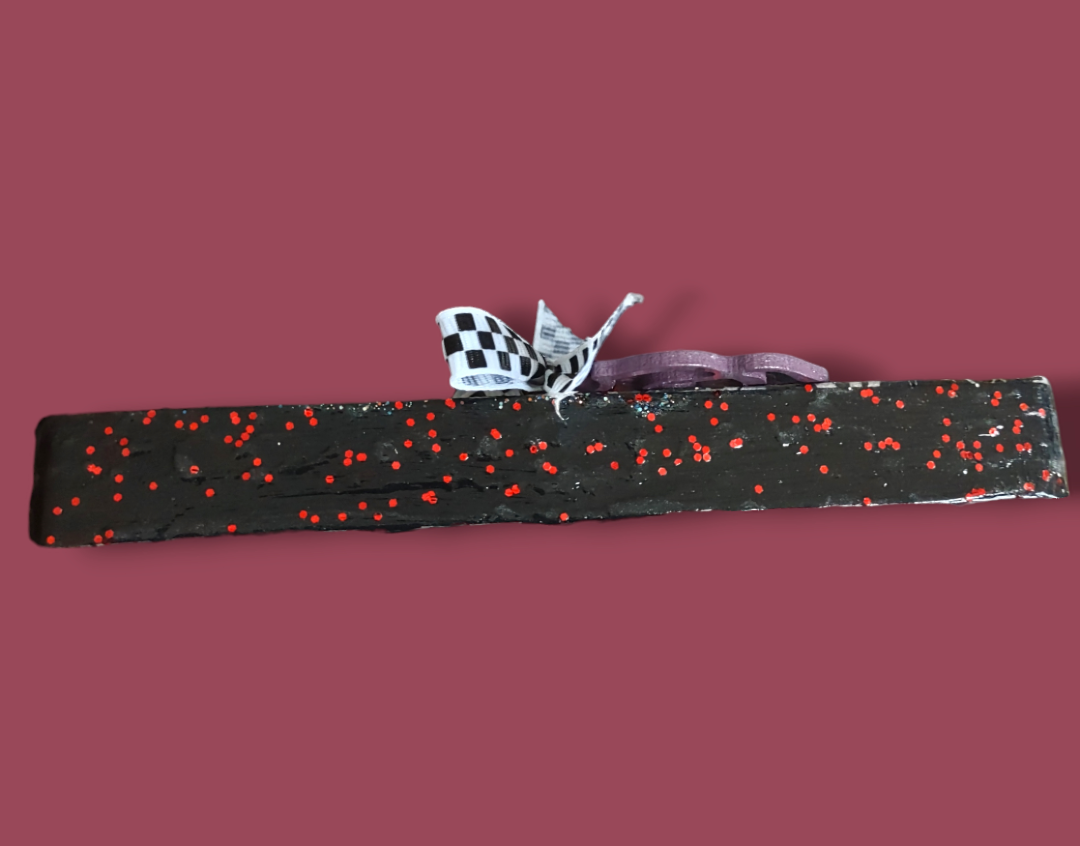 Checkerboard mezuzah case — black and white decoupage wood with costume jewels and ribbon | Judaica Square Lakewood (view 3)