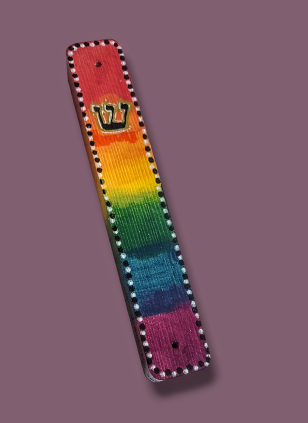 Rainbow stained wood mezuzah case — hand-painted color bands | Judaica Square Lakewood (view 4)