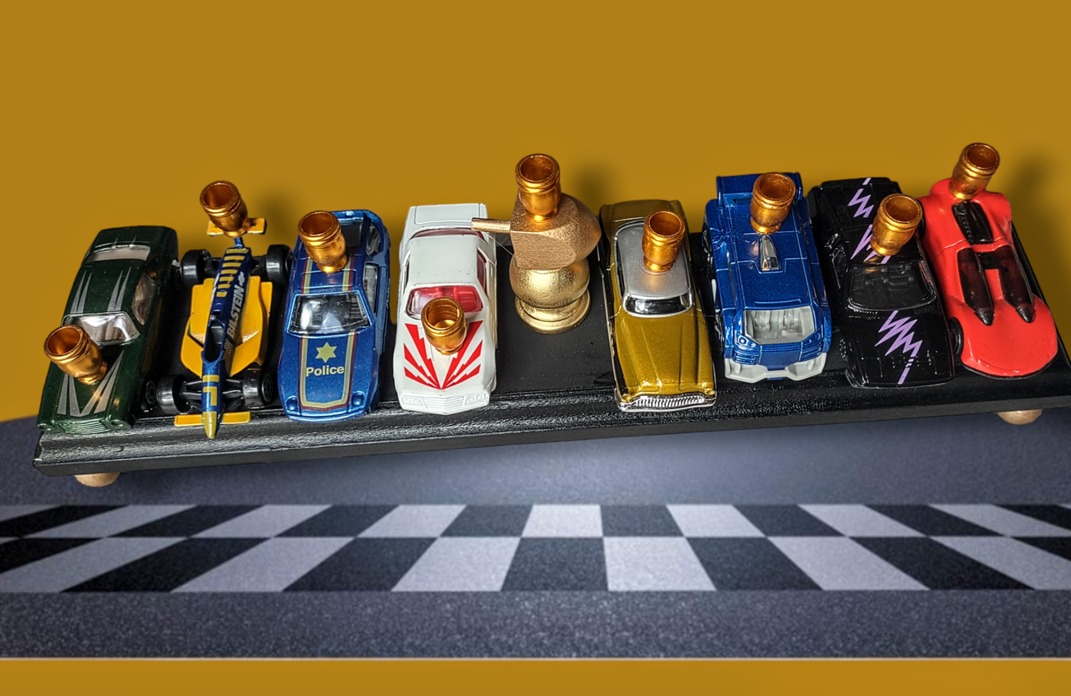 Hot Wheels menorah — die-cast toy cars on wood plaque with gold dreidel trophy | Judaica Square Lakewood (view 10)