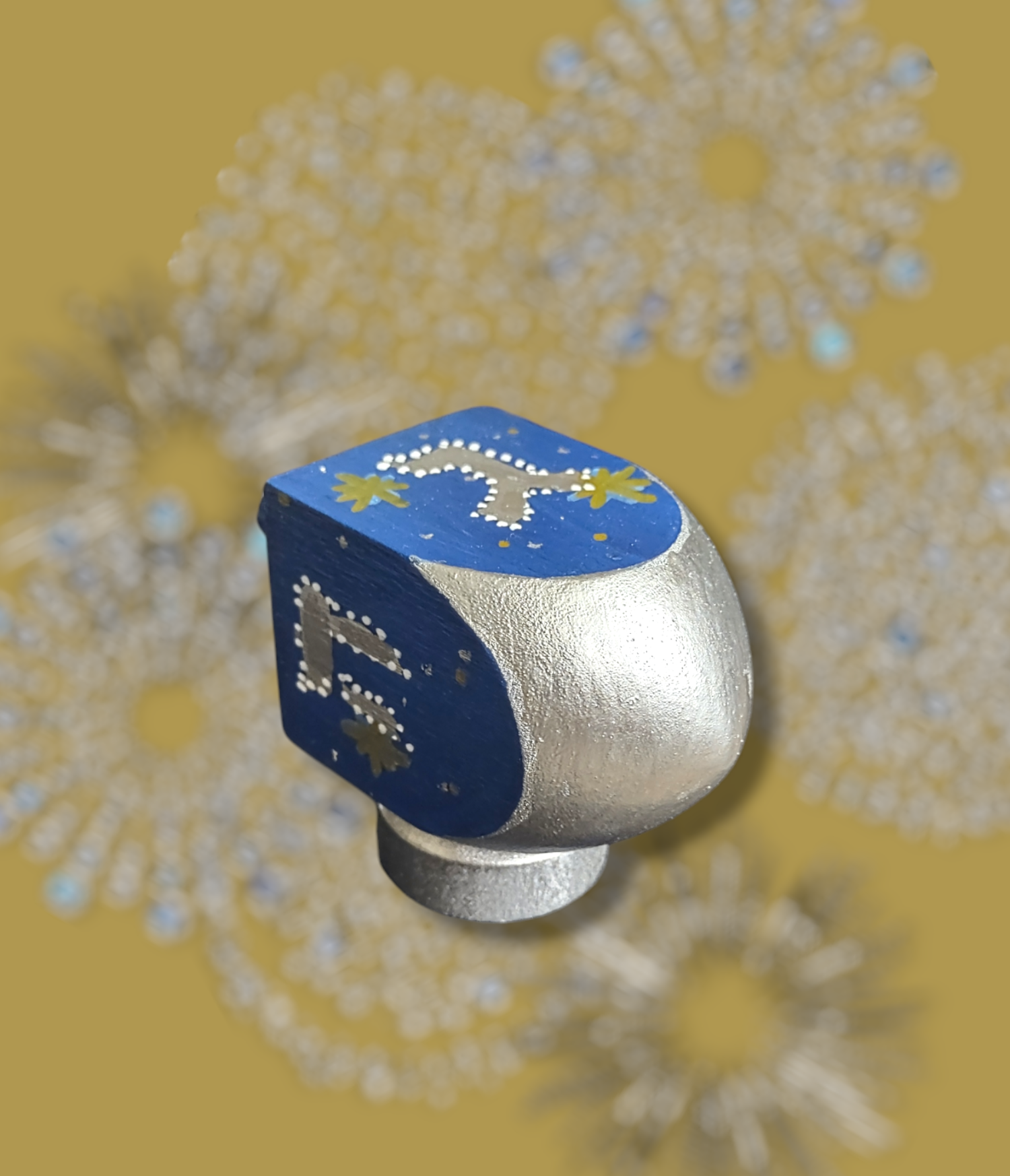 Blue, Gold and Silver Dreidel — hand-painted wood dreidel on stand | Judaica Square Lakewood (view 4)