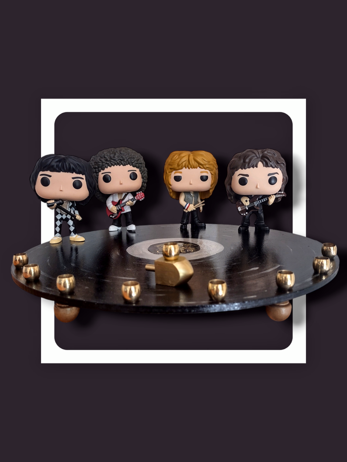 Queen Menorah — Freddie Mercury figures on a record-shaped painted wood tray | Judaica Square Lakewood