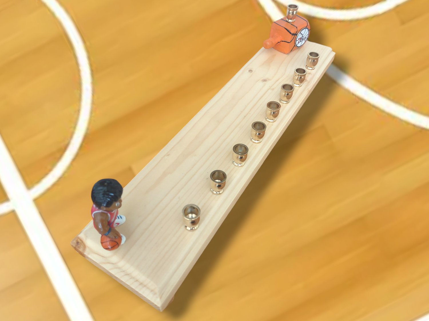 Philadelphia 76ers menorah — repurposed basketball figure on a long wood plaque | Judaica Square Lakewood (view 3)