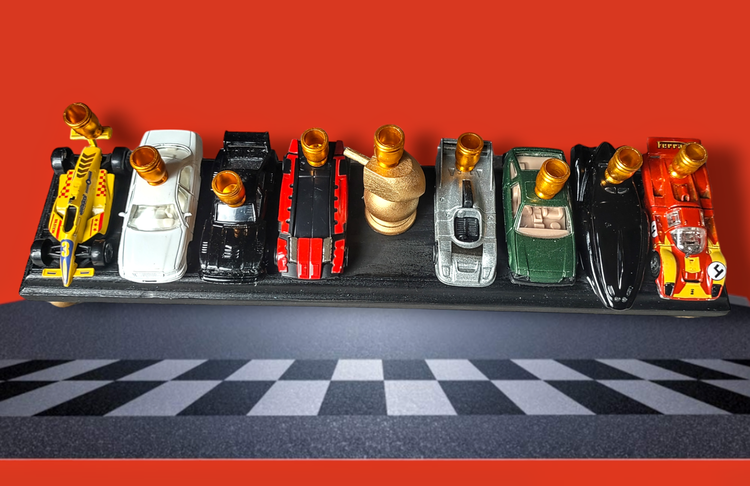 Matchbox car menorah — row of repurposed toy cars with aluminum candle cups | Judaica Square Lakewood (view 6)