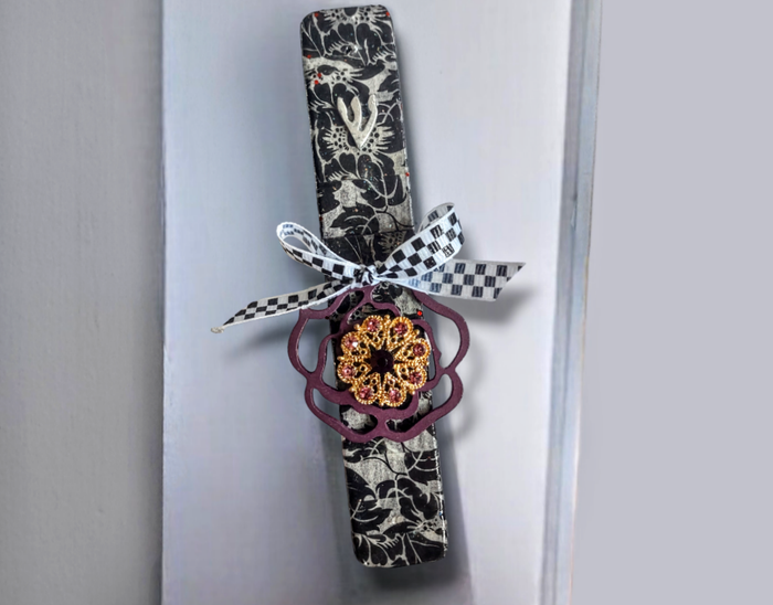 Checkerboard mezuzah case — black and white decoupage wood with costume jewels and ribbon | Judaica Square Lakewood