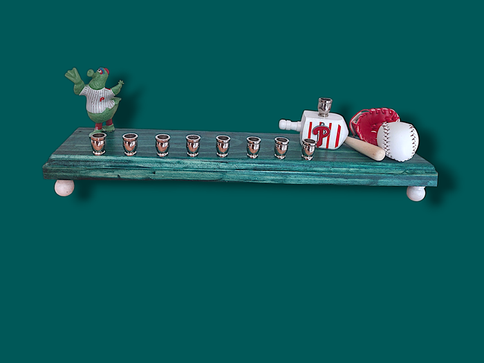 Phillies menorah — Philly Phanatic collector figure on painted plaque with brass cups | Judaica Square Lakewood
