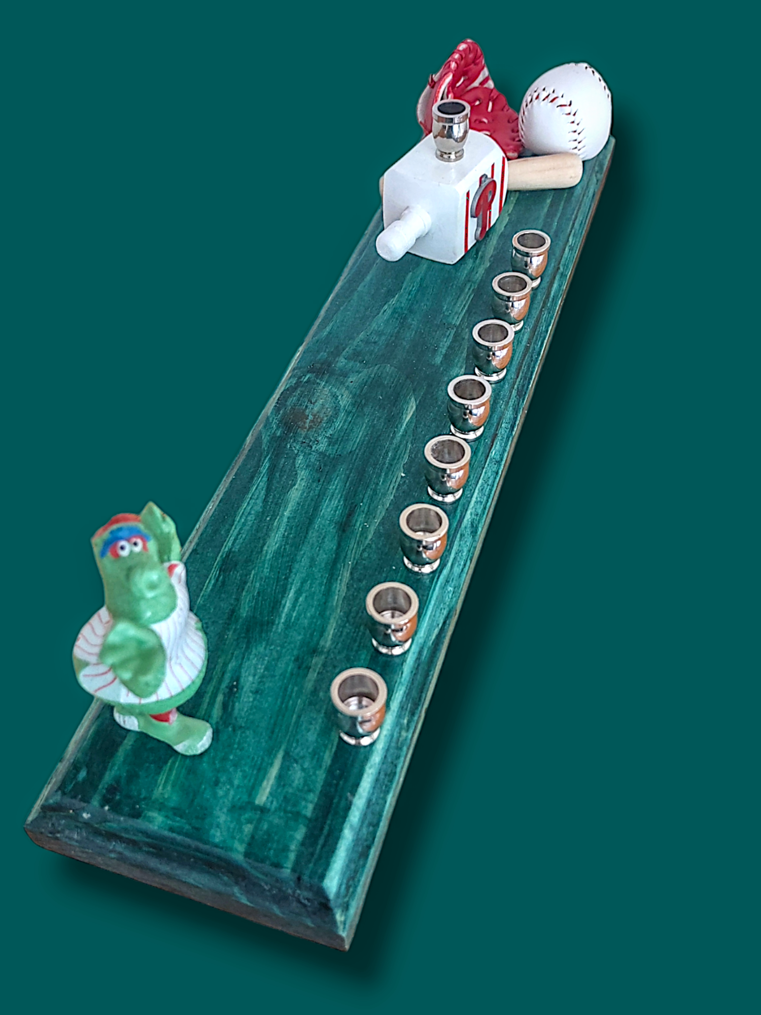 Phillies menorah — Philly Phanatic collector figure on painted plaque with brass cups | Judaica Square Lakewood (view 3)
