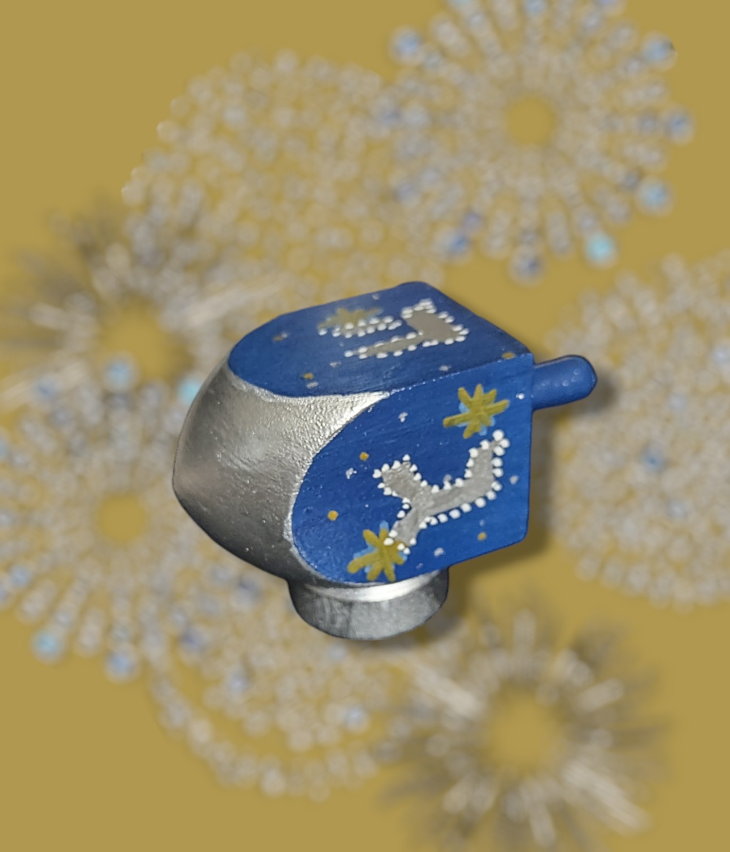 Blue, Gold and Silver Dreidel — hand-painted wood dreidel on stand | Judaica Square Lakewood (view 3)