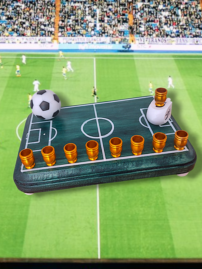 Soccer Menorah — repurposed player figure with wood dreidel and aluminum cups | Judaica Square Lakewood