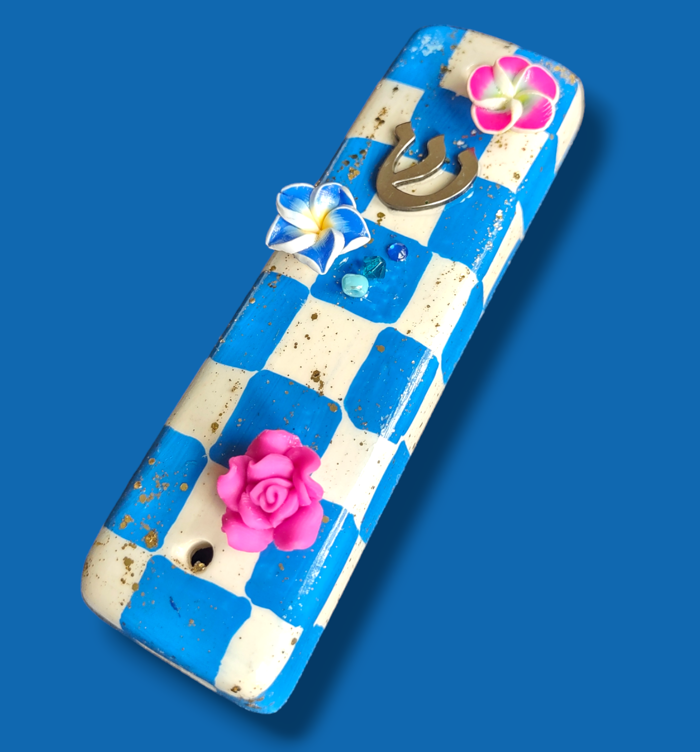 Checkerboard mezuzah case with accents — vintage flower, pansy and gold crown options | Judaica Square Lakewood (view 16)