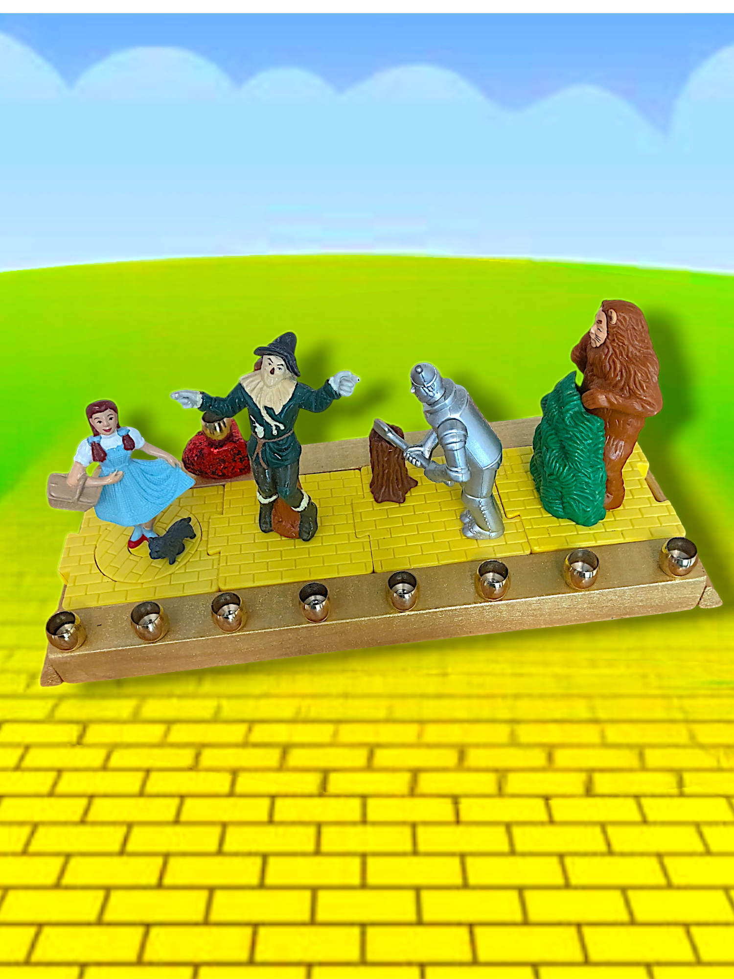 Wizard of Oz menorah — spinning repurposed Oz figures with ruby dreidel and brass cups | Judaica Square Lakewood (view 2)