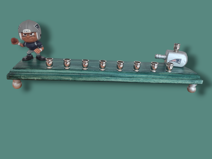 Patriots football menorah — collector figure and wood dreidel on a 13-inch painted base | Judaica Square Lakewood