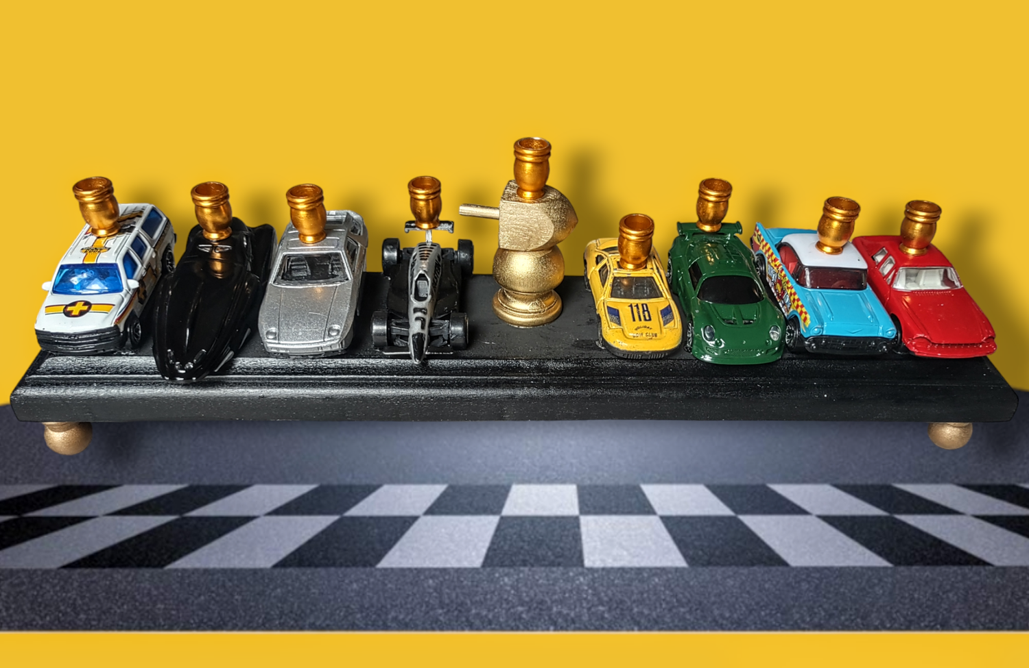 Hot Wheels menorah — die-cast toy cars on wood plaque with gold dreidel trophy | Judaica Square Lakewood (view 7)